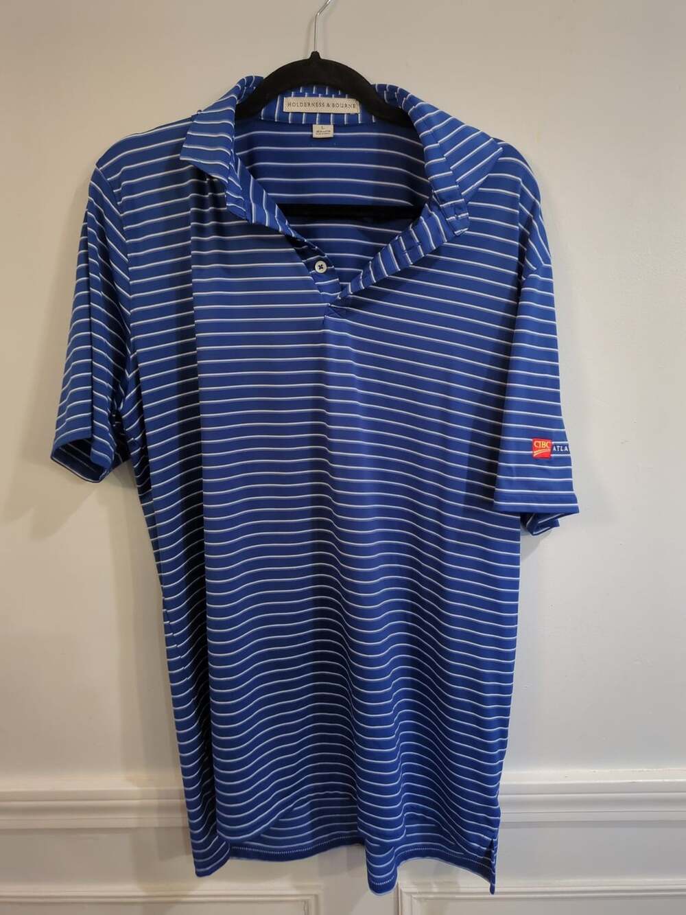 Holderness & Bourne CIBC Atlantic Trust Striped Golf Polo Shirt L